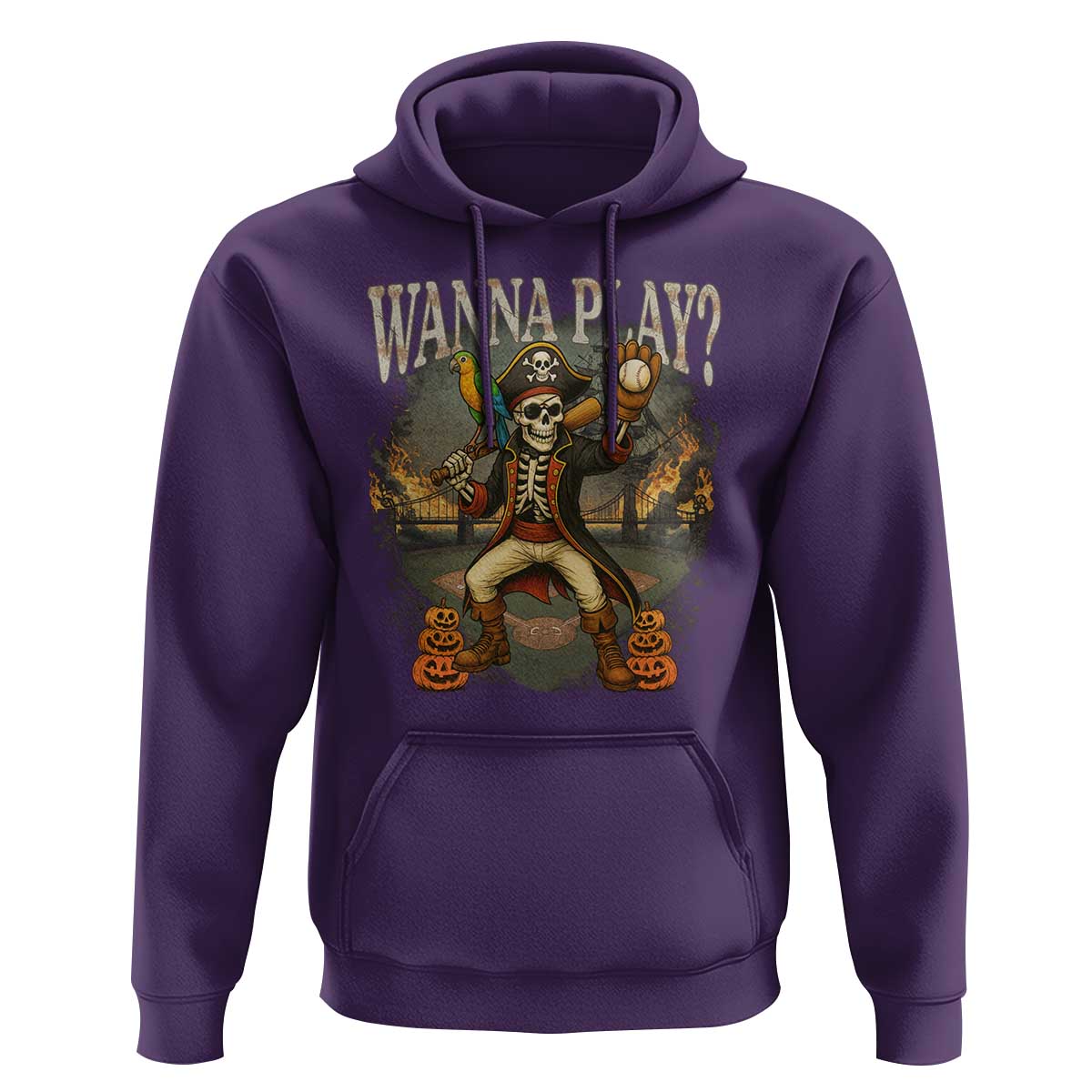 Halloween Baseball Hoodie Funny Wanna Play Dabbing Pirate Skeleton Catcher - Wonder Print Shop