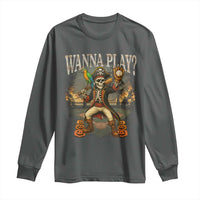Halloween Baseball Long Sleeve Shirt Funny Wanna Play Dabbing Pirate Skeleton Catcher - Wonder Print Shop