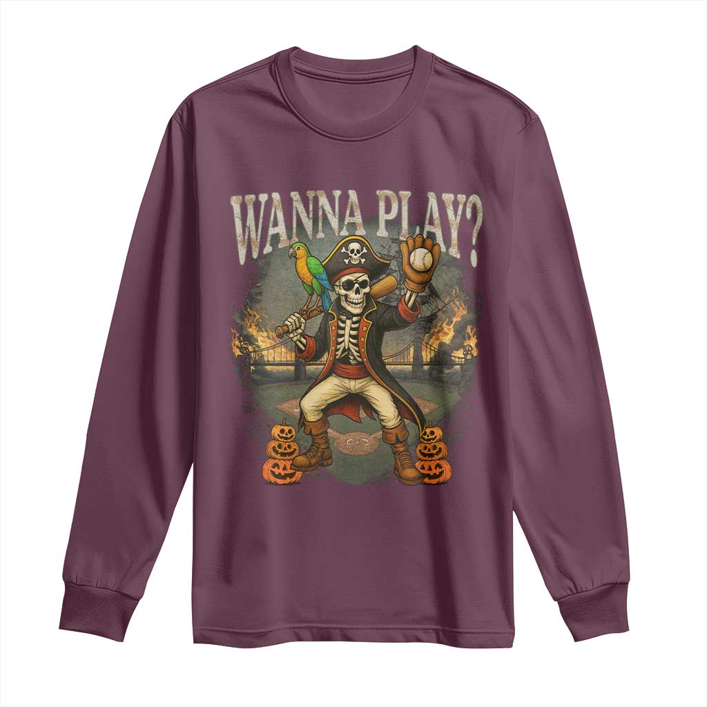 Halloween Baseball Long Sleeve Shirt Funny Wanna Play Dabbing Pirate Skeleton Catcher - Wonder Print Shop