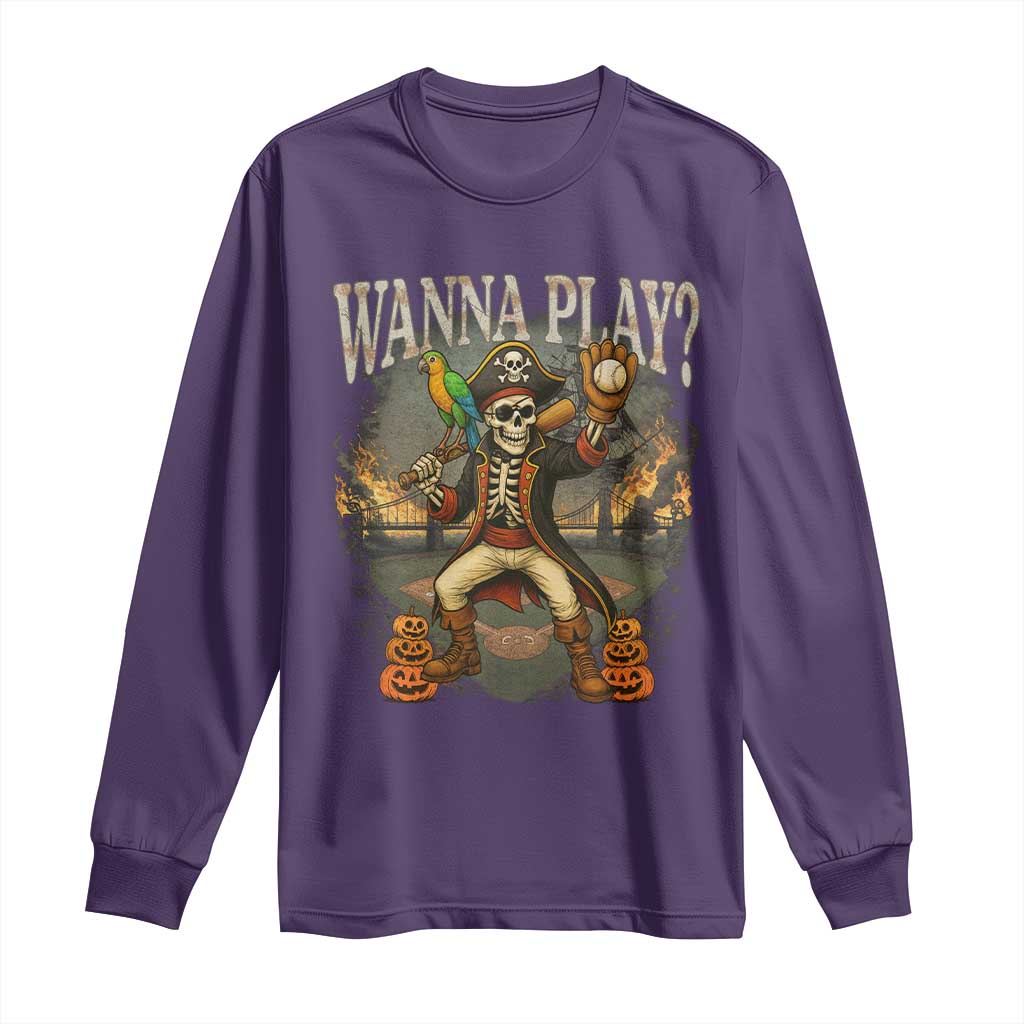 Halloween Baseball Long Sleeve Shirt Funny Wanna Play Dabbing Pirate Skeleton Catcher - Wonder Print Shop