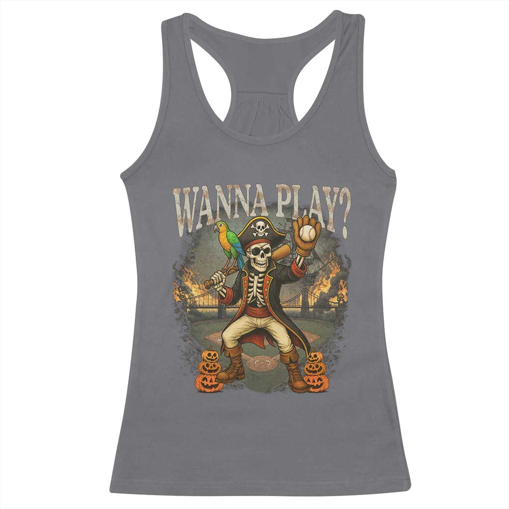 Halloween Baseball Racerback Tank Top Funny Wanna Play Dabbing Pirate Skeleton Catcher - Wonder Print Shop