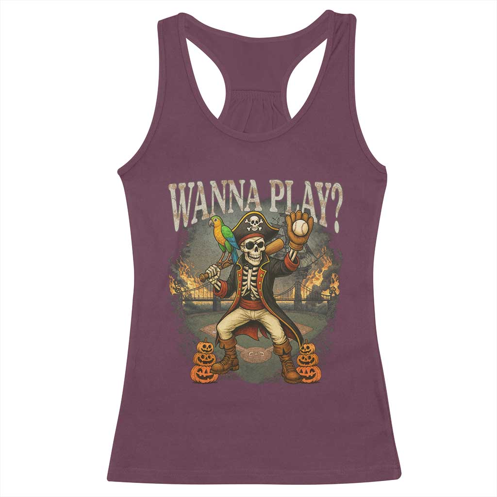 Halloween Baseball Racerback Tank Top Funny Wanna Play Dabbing Pirate Skeleton Catcher - Wonder Print Shop