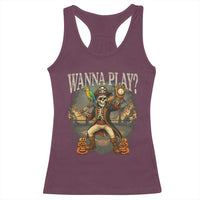 Halloween Baseball Racerback Tank Top Funny Wanna Play Dabbing Pirate Skeleton Catcher - Wonder Print Shop