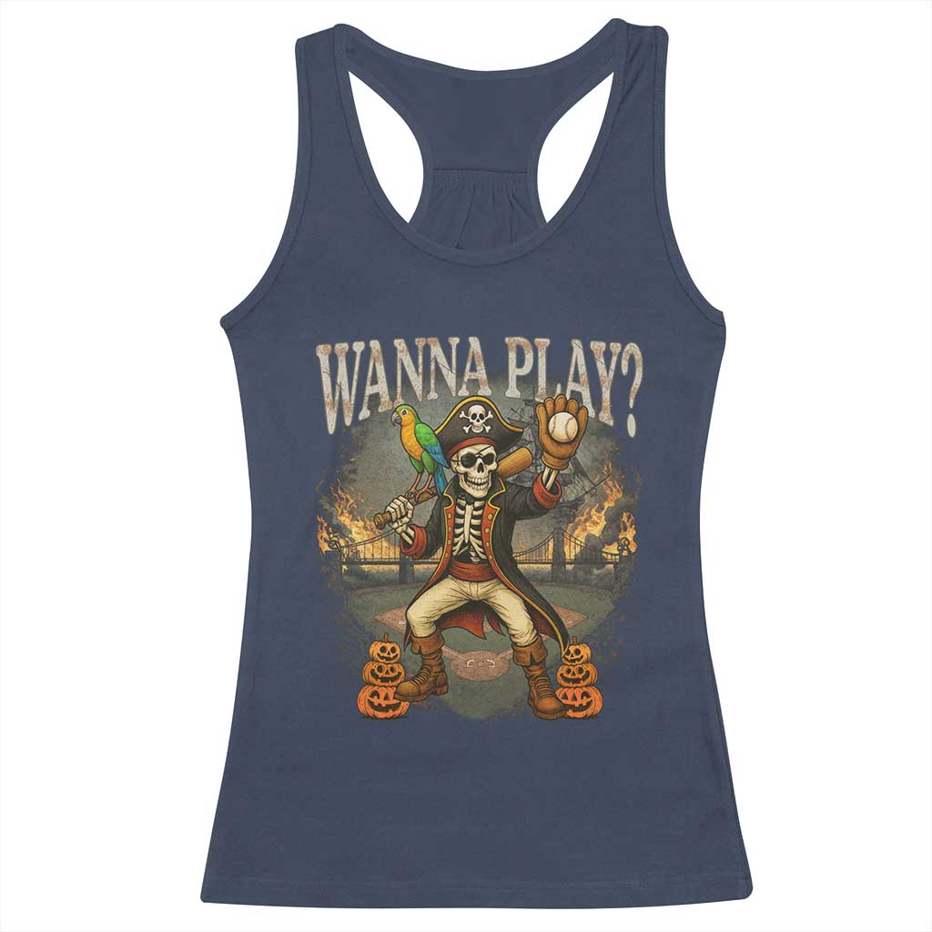 Halloween Baseball Racerback Tank Top Funny Wanna Play Dabbing Pirate Skeleton Catcher - Wonder Print Shop