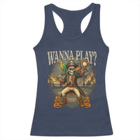 Halloween Baseball Racerback Tank Top Funny Wanna Play Dabbing Pirate Skeleton Catcher - Wonder Print Shop