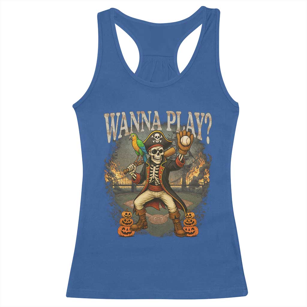 Halloween Baseball Racerback Tank Top Funny Wanna Play Dabbing Pirate Skeleton Catcher - Wonder Print Shop