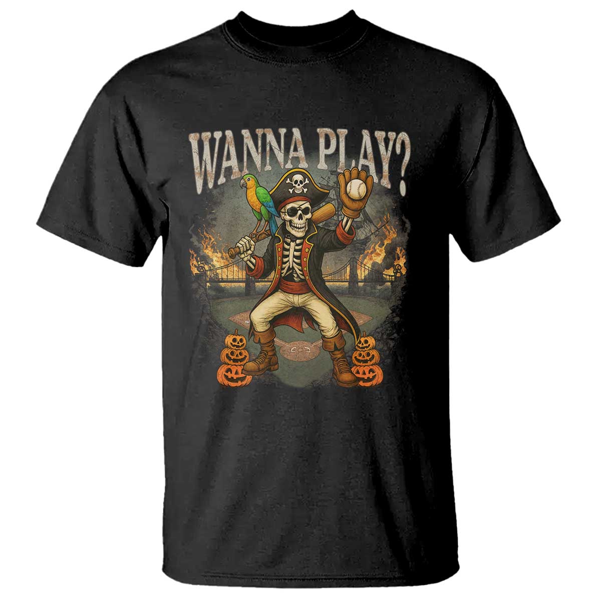 Halloween Baseball T Shirt Funny Wanna Play Dabbing Pirate Skeleton Catcher - Wonder Print Shop