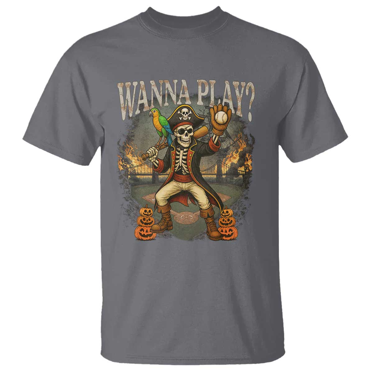 Halloween Baseball T Shirt Funny Wanna Play Dabbing Pirate Skeleton Catcher - Wonder Print Shop