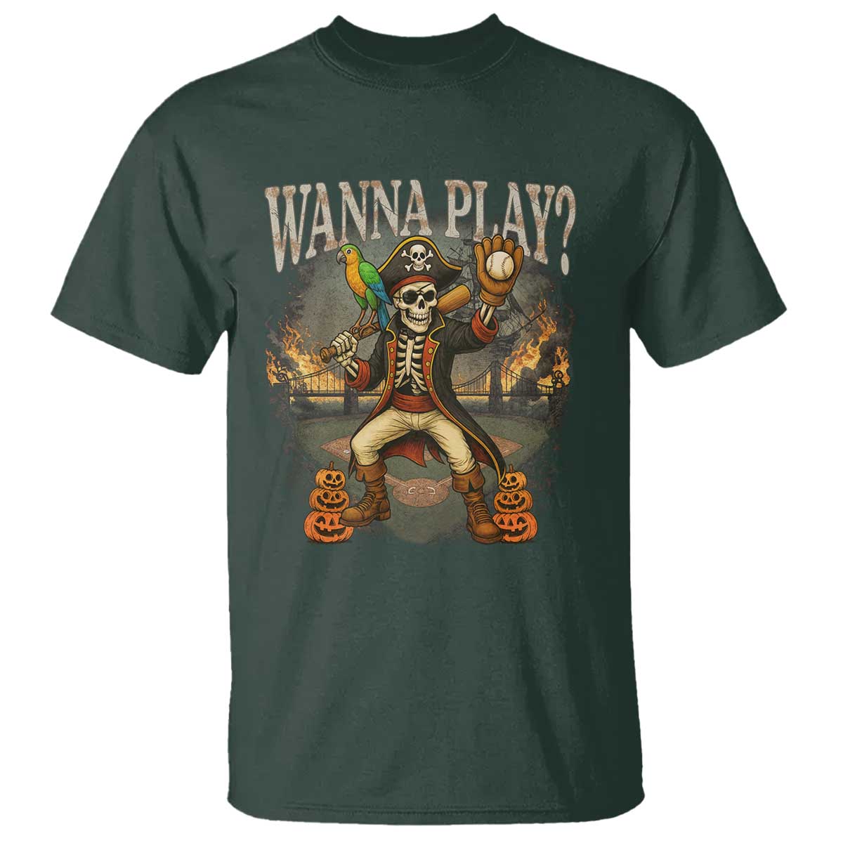Halloween Baseball T Shirt Funny Wanna Play Dabbing Pirate Skeleton Catcher - Wonder Print Shop