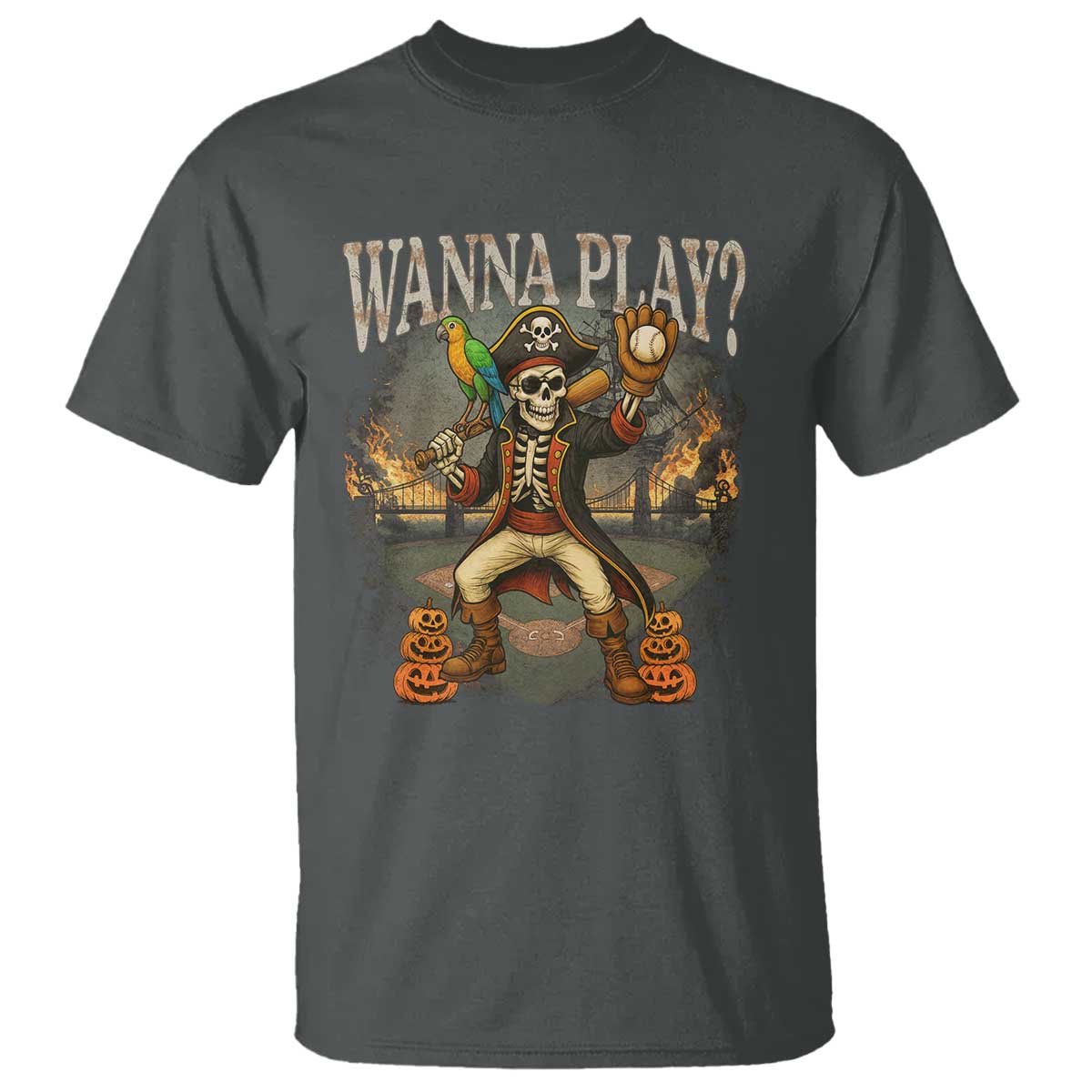 Halloween Baseball T Shirt Funny Wanna Play Dabbing Pirate Skeleton Catcher - Wonder Print Shop