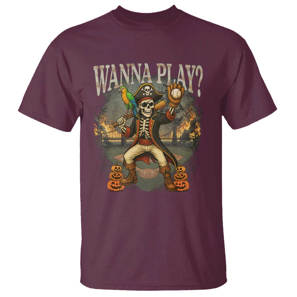Halloween Baseball T Shirt Funny Wanna Play Dabbing Pirate Skeleton Catcher - Wonder Print Shop