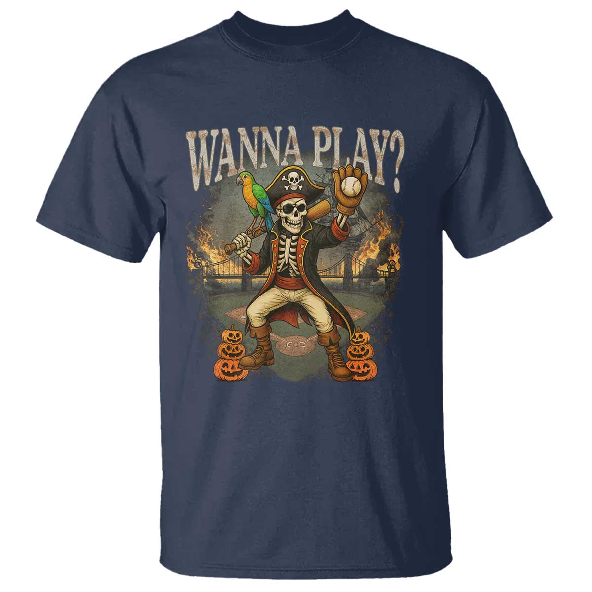 Halloween Baseball T Shirt Funny Wanna Play Dabbing Pirate Skeleton Catcher - Wonder Print Shop