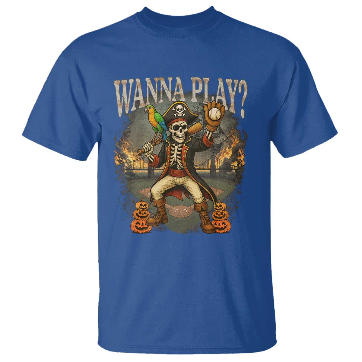 Halloween Baseball T Shirt Funny Wanna Play Dabbing Pirate Skeleton Catcher - Wonder Print Shop