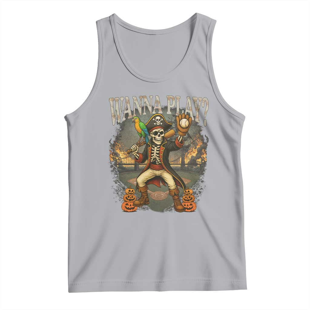 Halloween Baseball Tank Top Funny Wanna Play Dabbing Pirate Skeleton Catcher - Wonder Print Shop