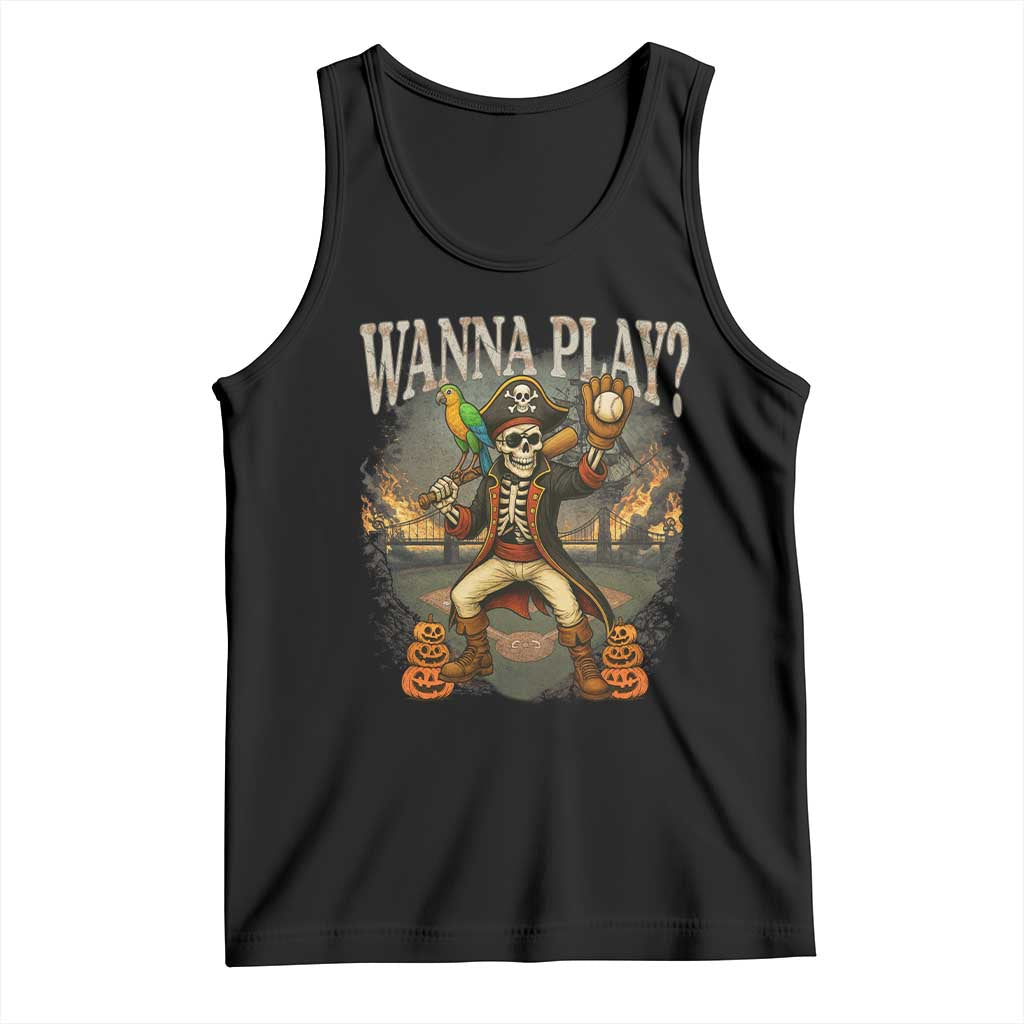 Halloween Baseball Tank Top Funny Wanna Play Dabbing Pirate Skeleton Catcher - Wonder Print Shop