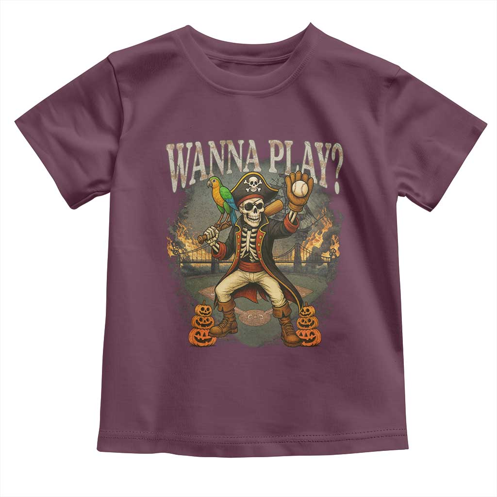 Halloween Baseball Toddler T Shirt Funny Wanna Play Dabbing Pirate Skeleton Catcher - Wonder Print Shop