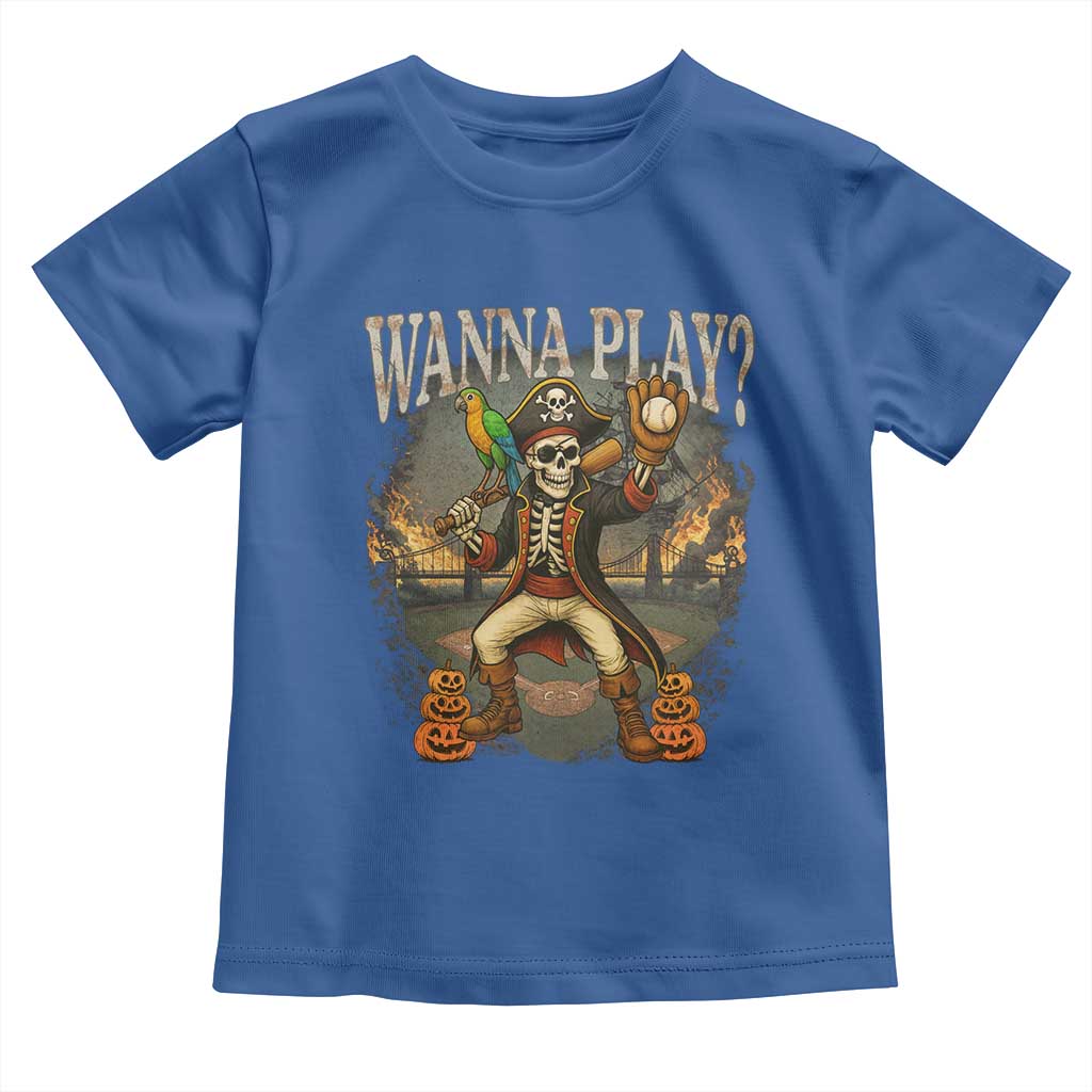 Halloween Baseball Toddler T Shirt Funny Wanna Play Dabbing Pirate Skeleton Catcher - Wonder Print Shop