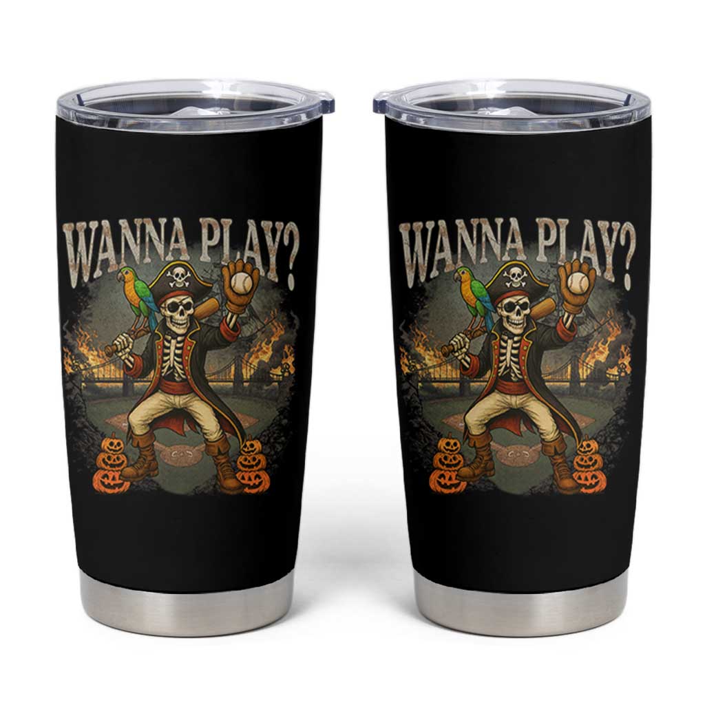 Halloween Baseball Tumbler Cup Funny Wanna Play Dabbing Pirate Skeleton Catcher