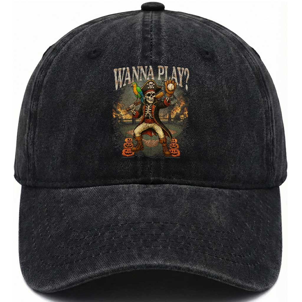 Halloween Baseball Washed Cotton Baseball Cap Funny Wanna Play Dabbing Pirate Skeleton Catcher