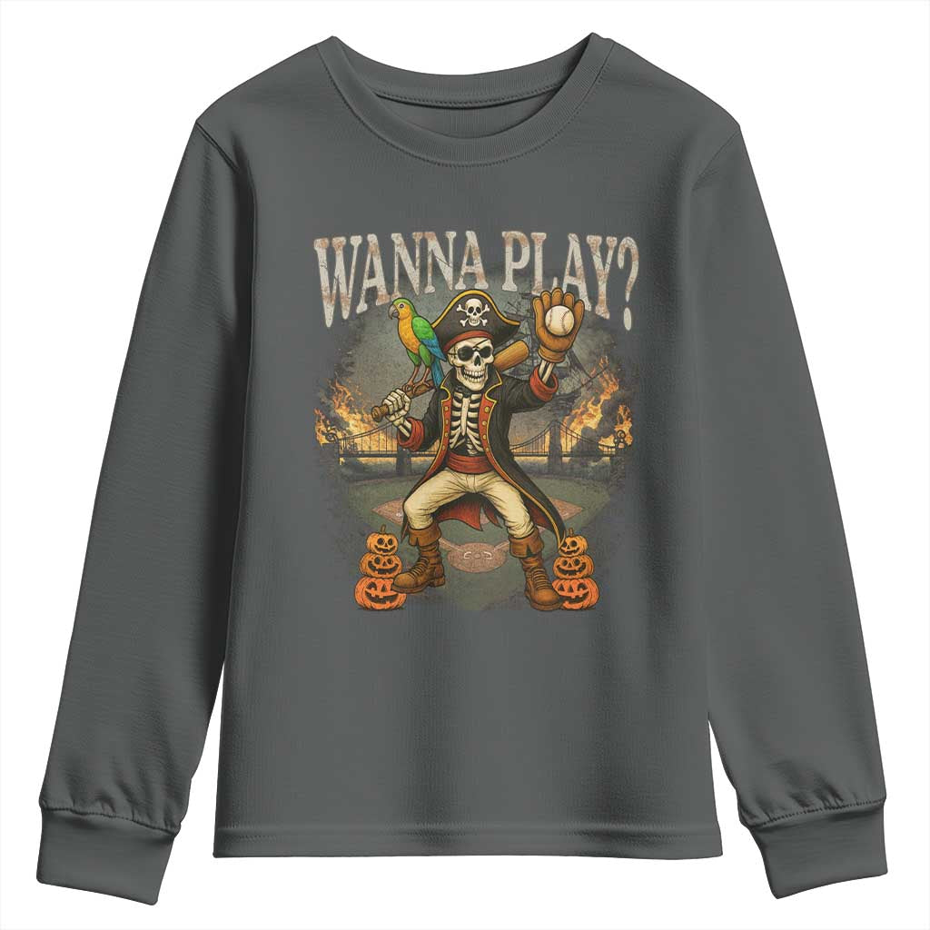 Halloween Baseball Youth Sweatshirt Funny Wanna Play Dabbing Pirate Skeleton Catcher - Wonder Print Shop