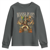 Halloween Baseball Youth Sweatshirt Funny Wanna Play Dabbing Pirate Skeleton Catcher - Wonder Print Shop