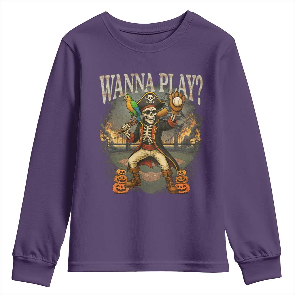 Halloween Baseball Youth Sweatshirt Funny Wanna Play Dabbing Pirate Skeleton Catcher - Wonder Print Shop