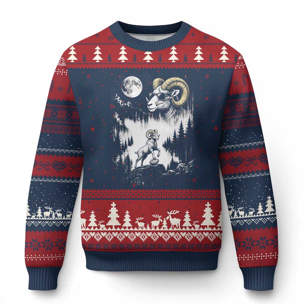 Cool Ram Wearing Sunglasses Moon Nature Vintage Graphic Ugly Christmas Sweater