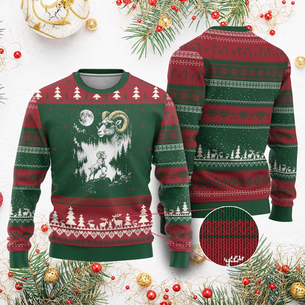 Cool Ram Wearing Sunglasses Moon Nature Vintage Graphic Ugly Christmas Sweater