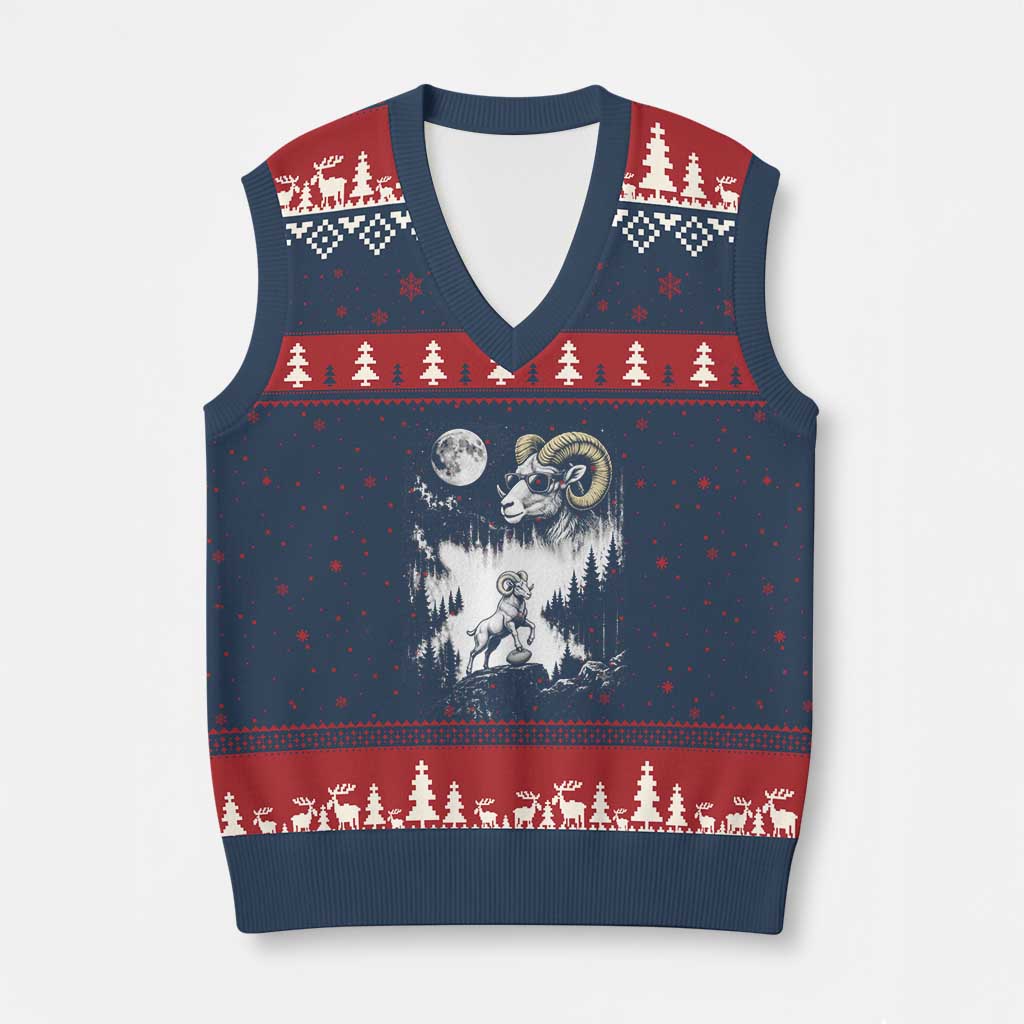 Cool Ram Wearing Sunglasses Moon Nature Vintage Graphic V-Neck Knit Sweater Vest