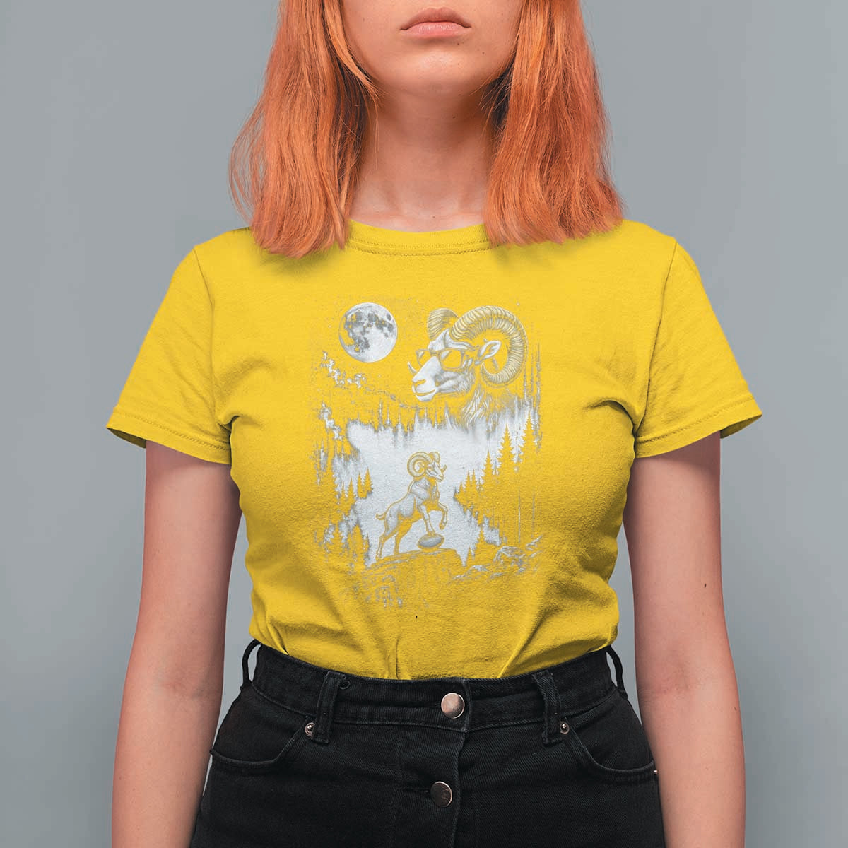 Cool Ram Wearing Sunglasses Moon Nature Vintage Graphic T Shirt For Women