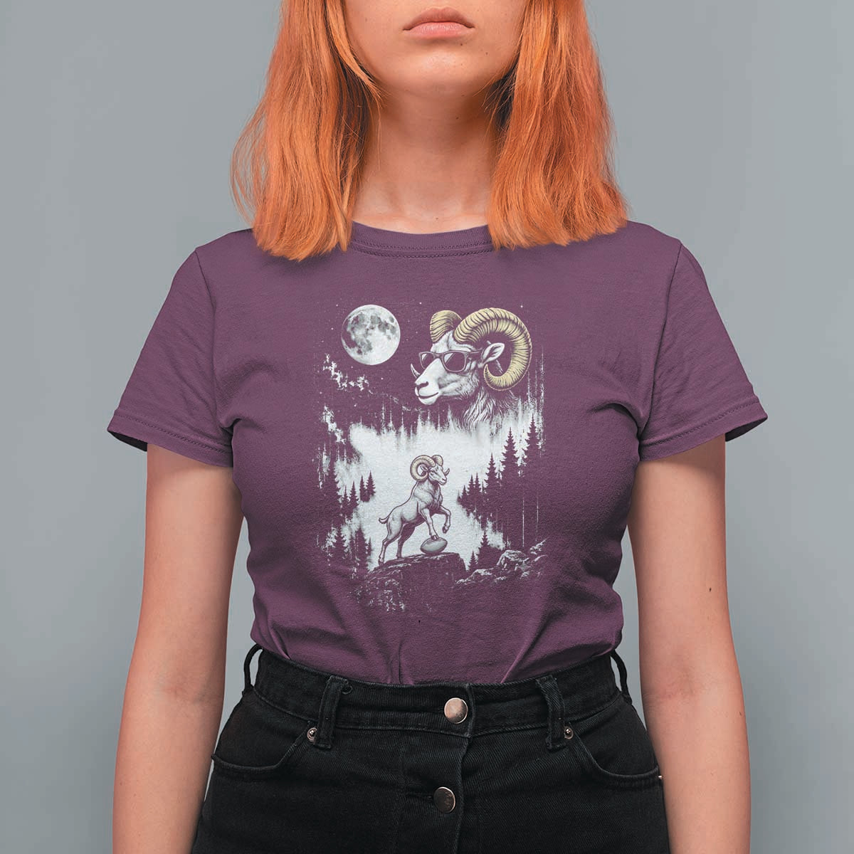 Cool Ram Wearing Sunglasses Moon Nature Vintage Graphic T Shirt For Women
