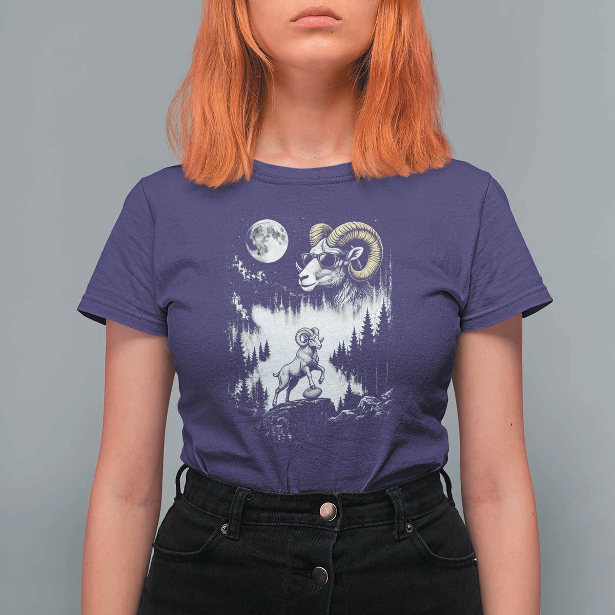 Cool Ram Wearing Sunglasses Moon Nature Vintage Graphic T Shirt For Women