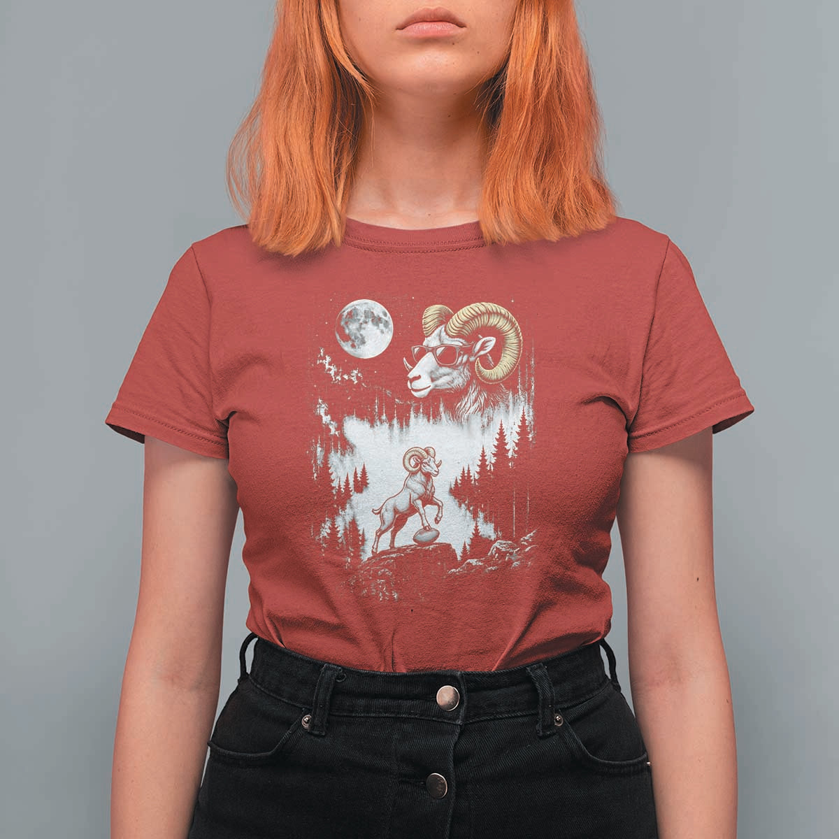 Cool Ram Wearing Sunglasses Moon Nature Vintage Graphic T Shirt For Women