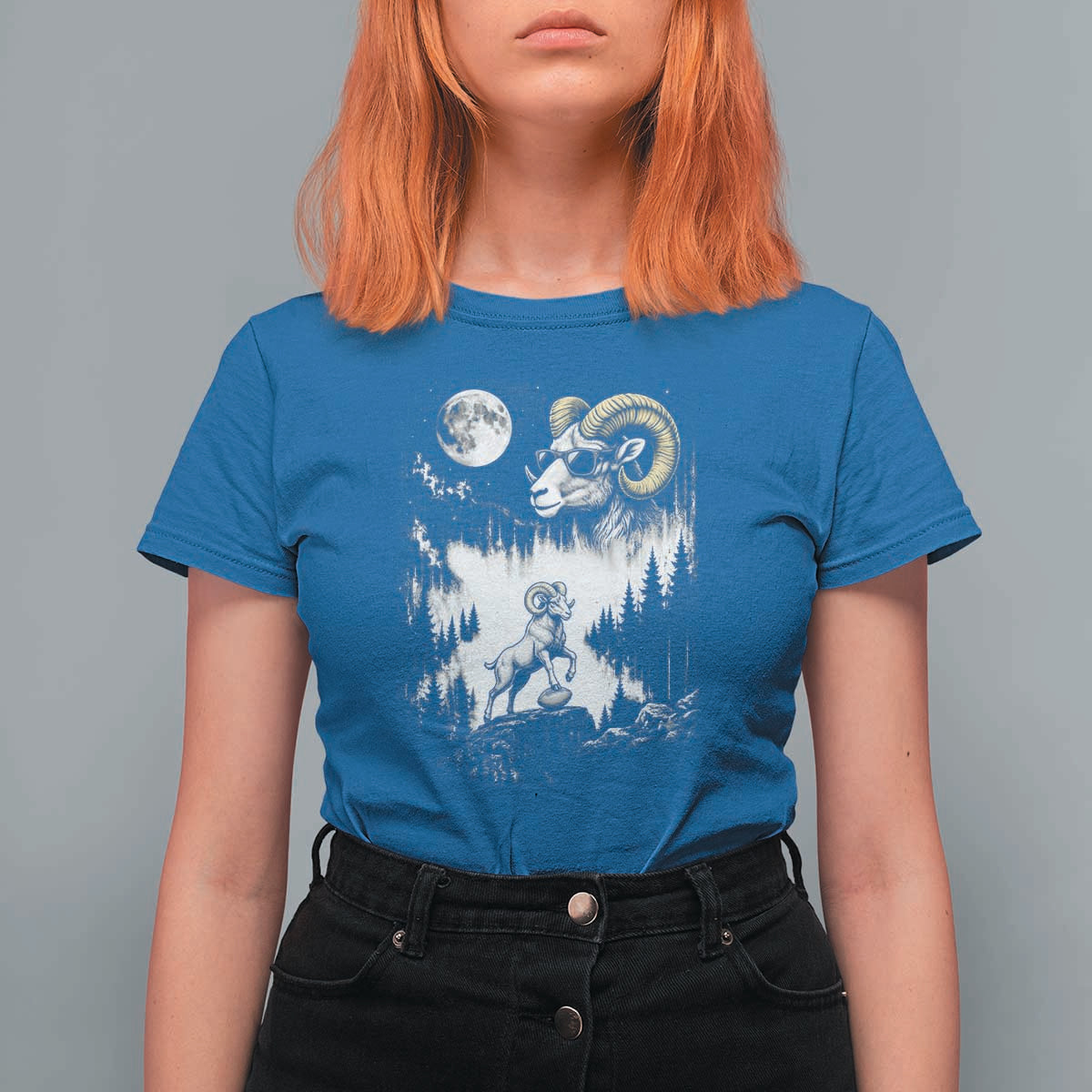 Cool Ram Wearing Sunglasses Moon Nature Vintage Graphic T Shirt For Women