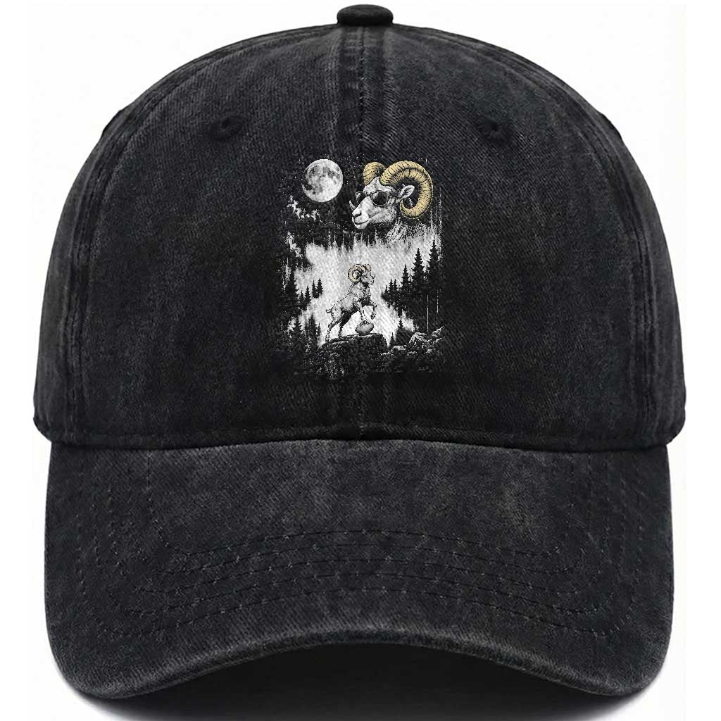 Cool Ram Wearing Sunglasses Moon Nature Vintage Graphic Washed Cotton Baseball Cap