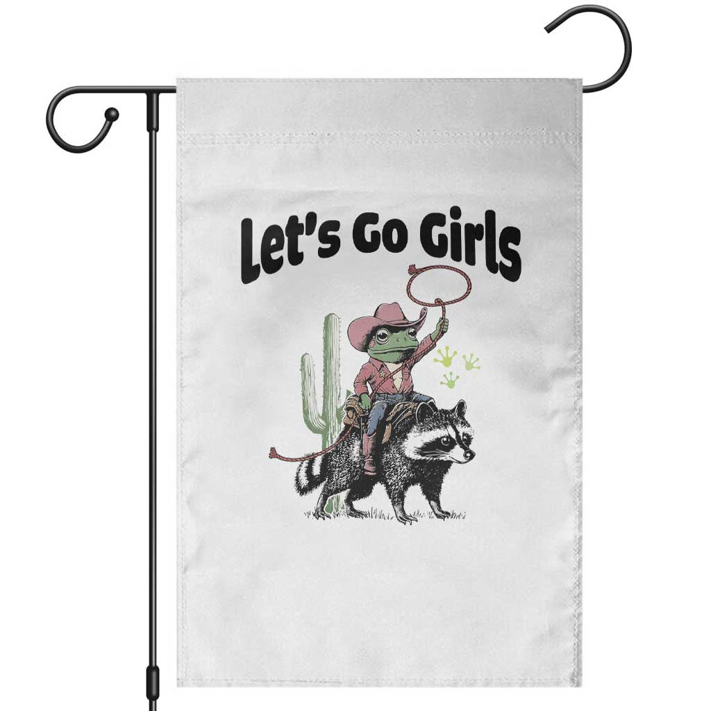 Cowboy Frog Riding Raccoon Garden Flag Let's Go Girls - Wonder Print Shop