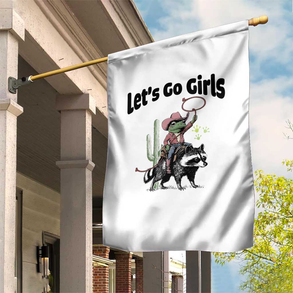 Cowboy Frog Riding Raccoon Garden Flag Let's Go Girls - Wonder Print Shop