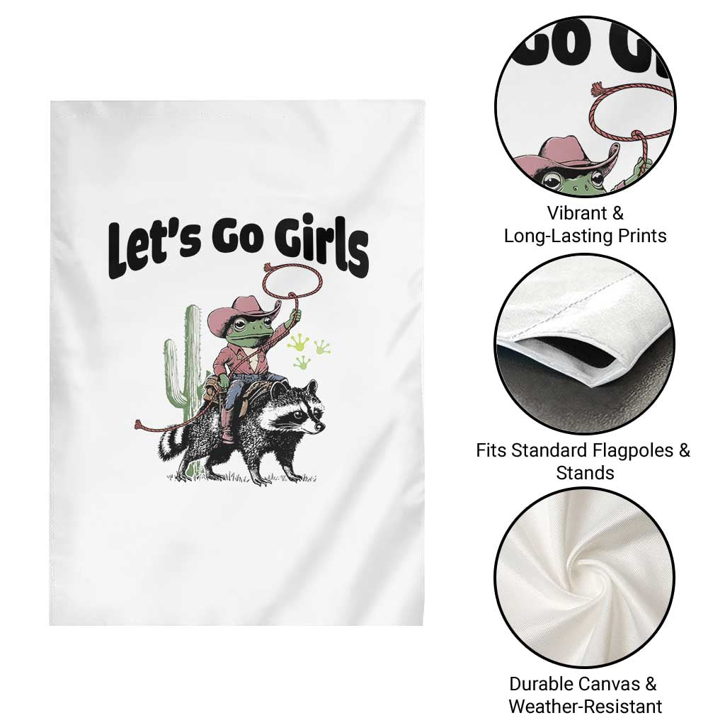 Cowboy Frog Riding Raccoon Garden Flag Let's Go Girls - Wonder Print Shop