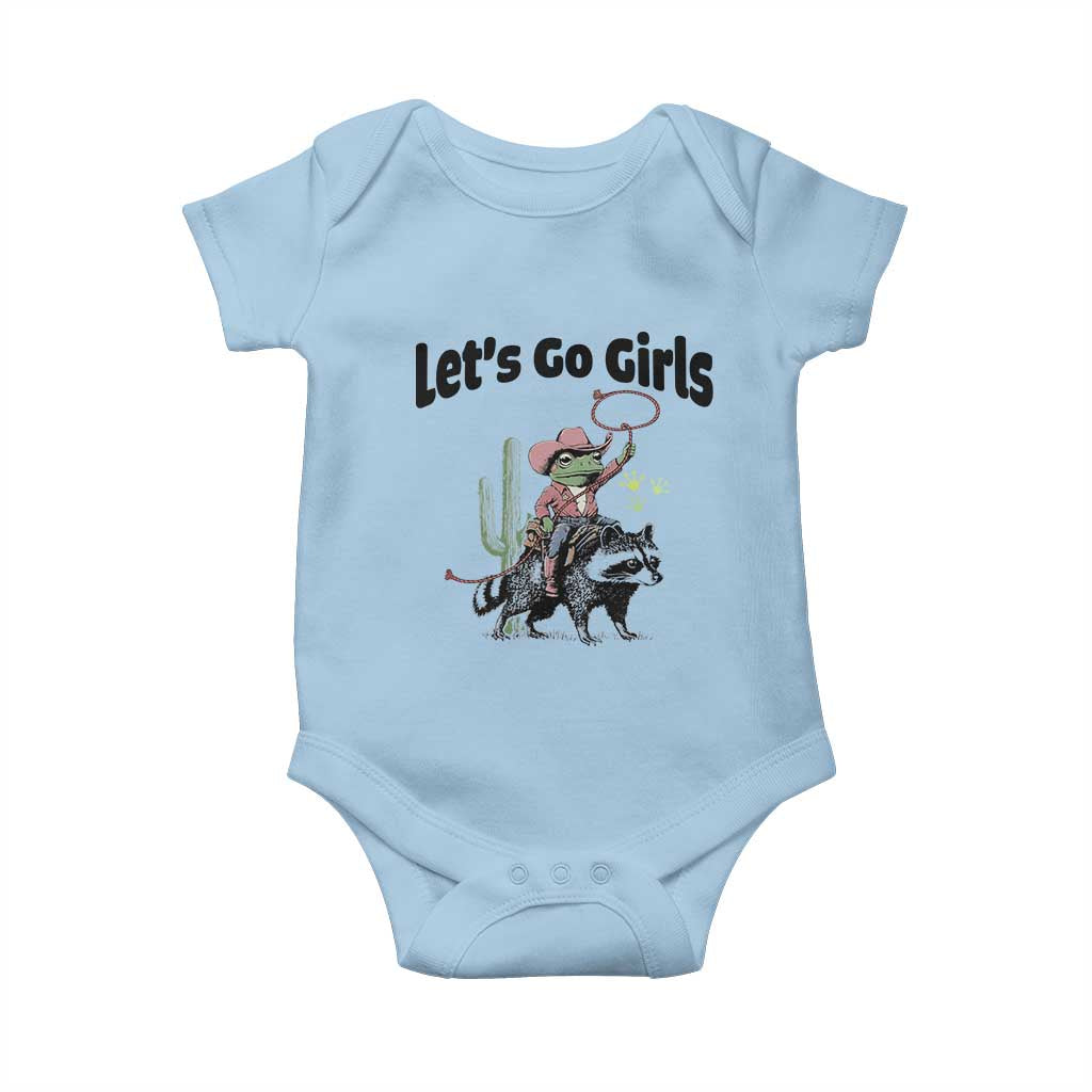 Cowboy Frog Riding Raccoon Baby Onesie Let's Go Girls - Wonder Print Shop