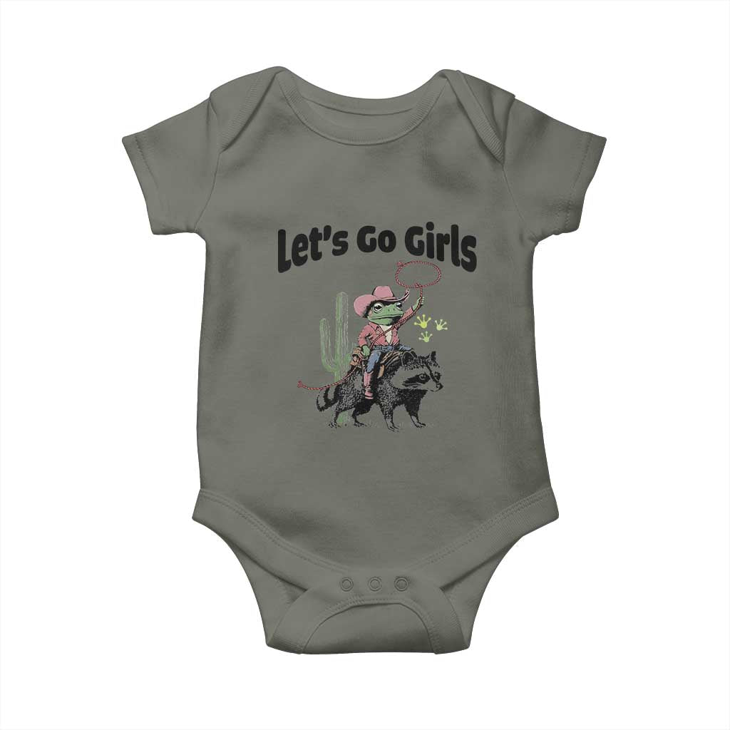 Cowboy Frog Riding Raccoon Baby Onesie Let's Go Girls - Wonder Print Shop