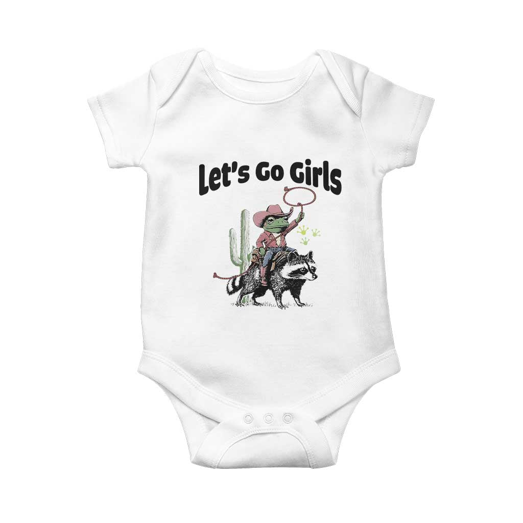 Cowboy Frog Riding Raccoon Baby Onesie Let's Go Girls - Wonder Print Shop