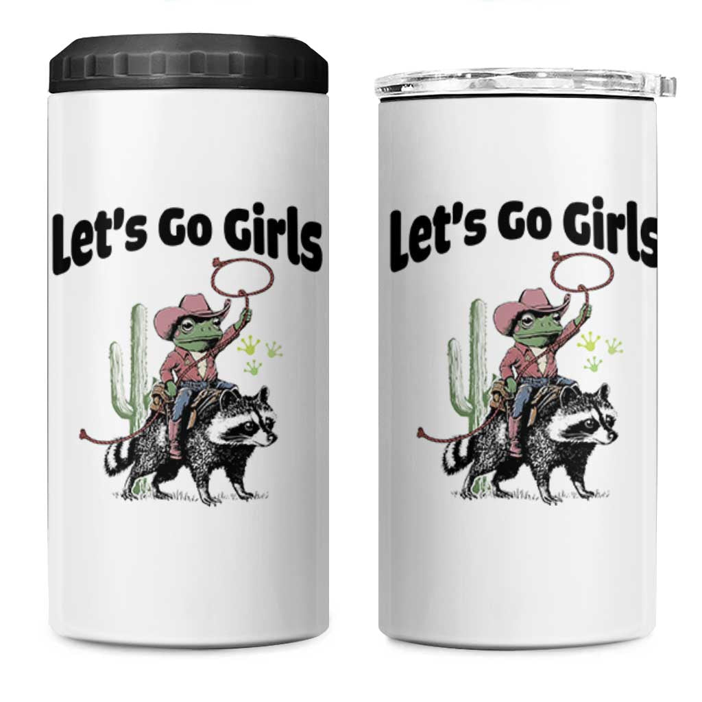 Cowboy Frog Riding Raccoon 4 in 1 Can Cooler Tumbler Let's Go Girls