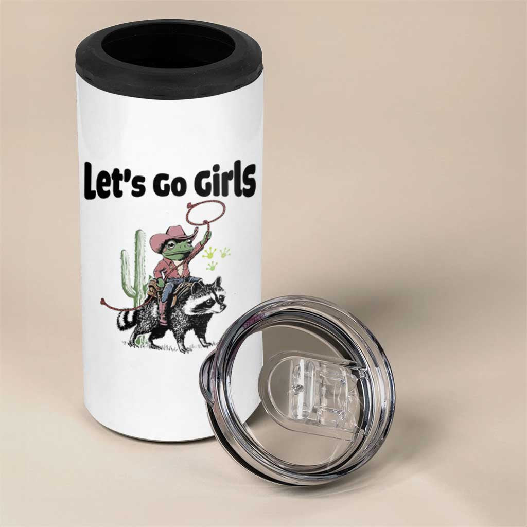 Cowboy Frog Riding Raccoon 4 in 1 Can Cooler Tumbler Let's Go Girls