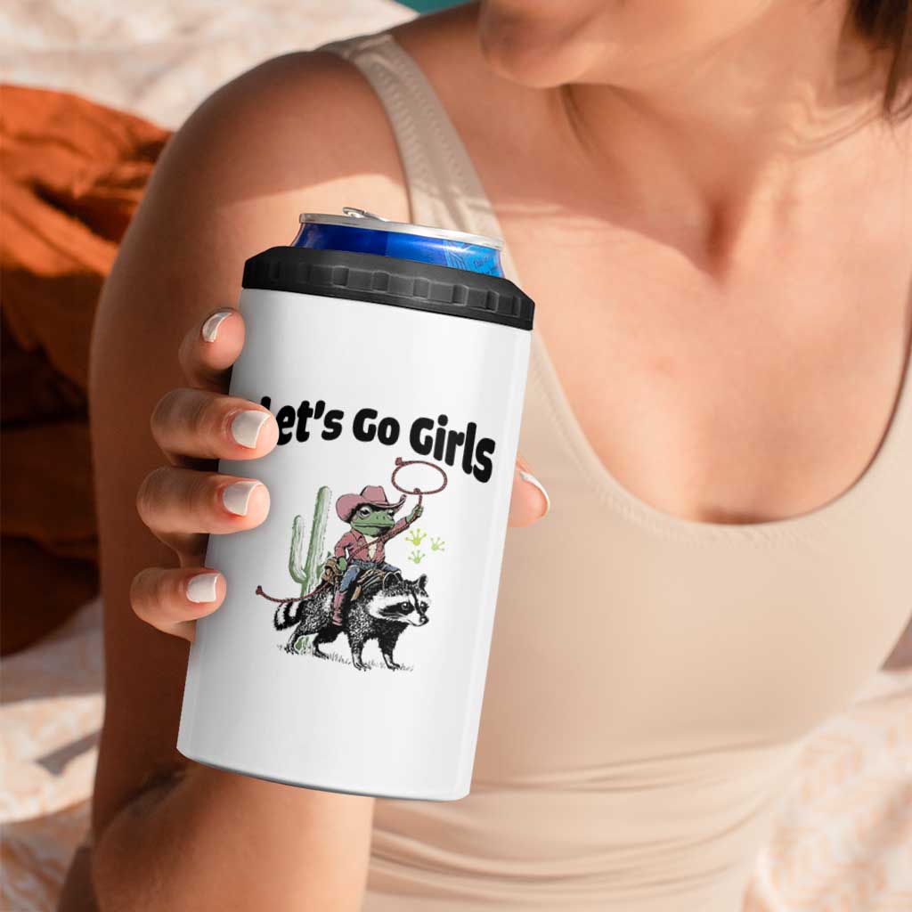 Cowboy Frog Riding Raccoon 4 in 1 Can Cooler Tumbler Let's Go Girls
