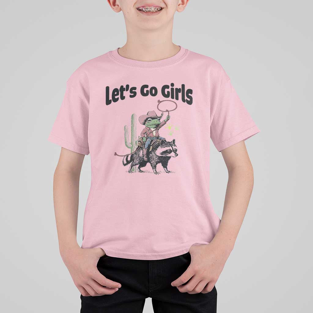 Cowboy Frog Riding Raccoon T Shirt For Kid Let's Go Girls - Wonder Print Shop