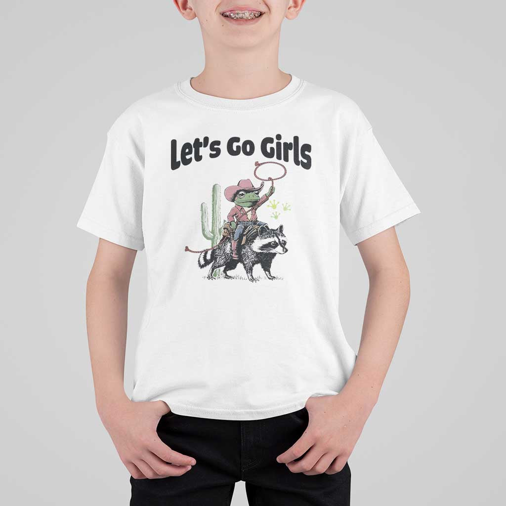 Cowboy Frog Riding Raccoon T Shirt For Kid Let's Go Girls - Wonder Print Shop