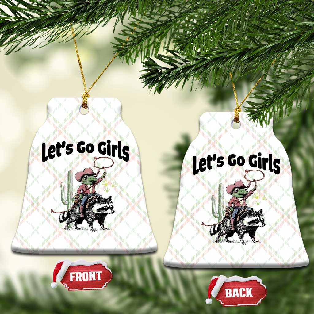 Cowboy Frog Riding Raccoon Ceramic Ornament Let's Go Girls - Wonder Print Shop
