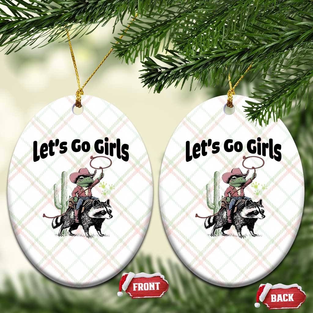 Cowboy Frog Riding Raccoon Ceramic Ornament Let's Go Girls - Wonder Print Shop
