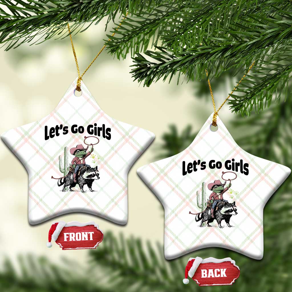 Cowboy Frog Riding Raccoon Ceramic Ornament Let's Go Girls - Wonder Print Shop