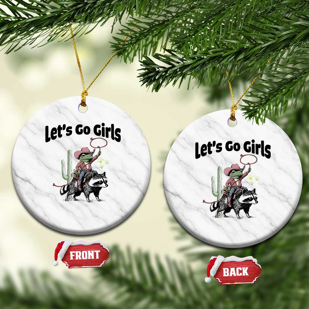 Cowboy Frog Riding Raccoon Ceramic Ornament Let's Go Girls - Wonder Print Shop